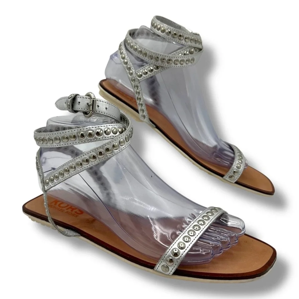 MICHAEL KORS Silver Studded Ankle Strap Flat Sandals Women's‎ Size 9